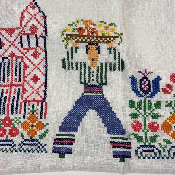 Vintage Folk-Art Cross Stitch Embroidered Linen Tablecloth & Napkins 68" x 50" - Picture 10 of 16